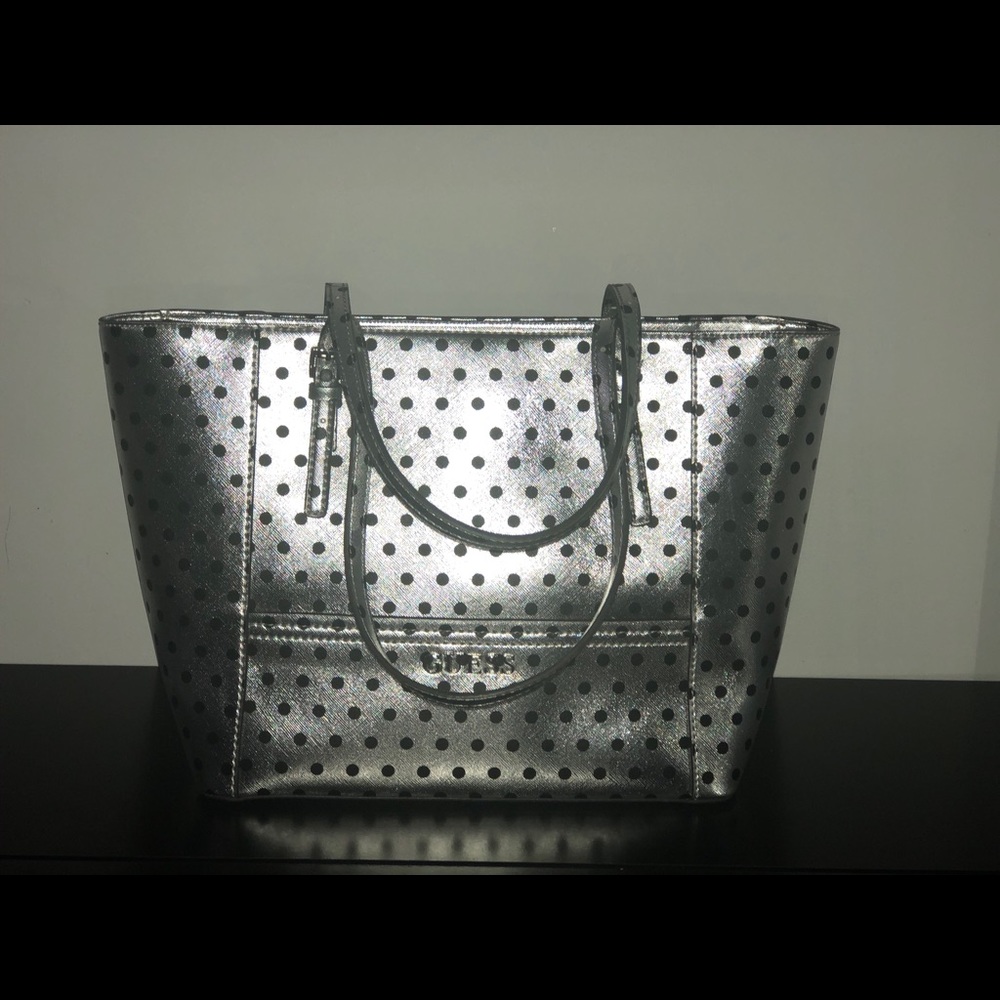 GUESS DELANEY SILVER POLKA-DOT SMALL CLASSIC TOTE - Picture 2 of 8